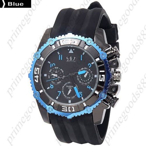 Sport Rubber Sub Dials Quartz Wrist Analog Men&#039;s Wristwatch Free Shipping Blue