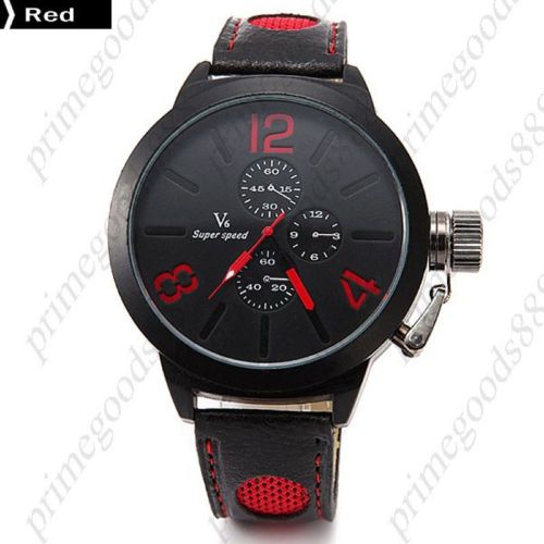 Wide PU Leather Round Quartz Big Analog 3 Sub Dial Wrist Men&#039;s Wristwatch Red