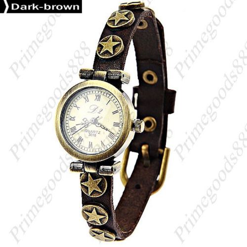 Star Round Analog PU Leather Lady Ladies Quartz Wristwatch Women&#039;s Dark Brown