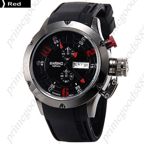 Rubber Date Day Sub Dial Quartz Analog Wrist Free Shipping Men&#039;s Wristwatch Red