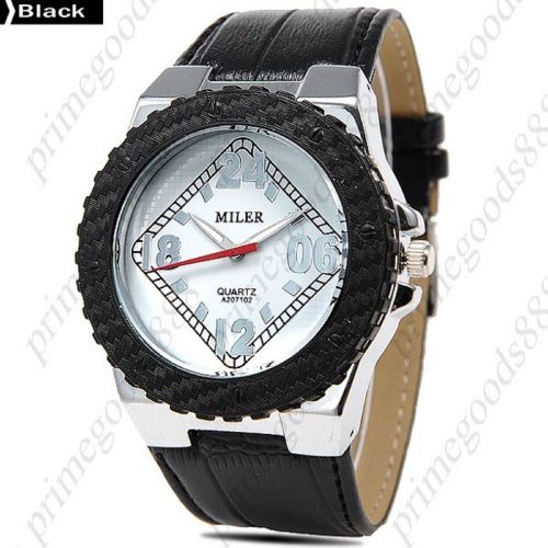 Round Case Bezel PU Leather Quartz Wrist Lady Ladies Wristwatch Women&#039;s Black