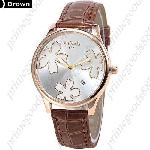 Gold Flowers PU Leather Lady Ladies Wrist Analog Quartz Wristwatch Women&#039;s Brown