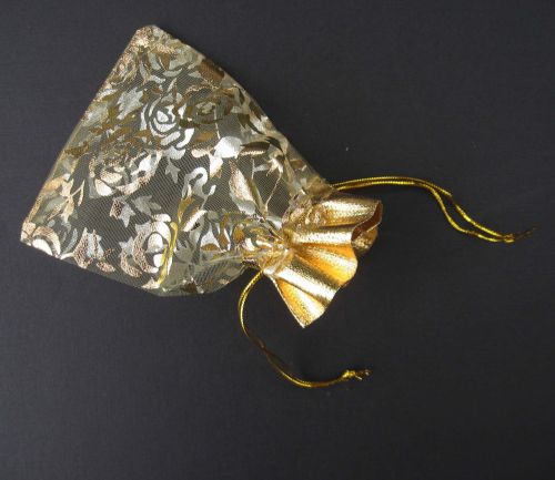 Gold embossed gift bags - lot of 10 drawstring organza pouches 3x5&#034; metallic for sale