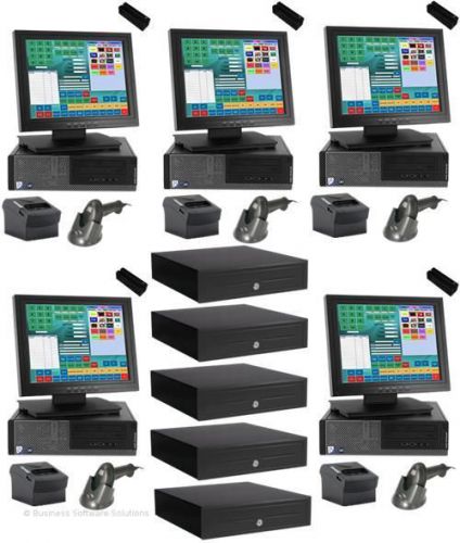 New 5 stn retail touch point of sale system w printer, card swipes &amp; scanner for sale