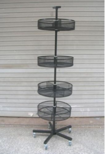 Tall spinning wire bin display floor rack with 4 round bins portable wheels new for sale