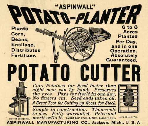 1893 Ad Aspinwall Farming Potato Planters Cutters Seed Agriculture AAG1