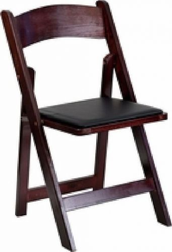 *LOT OF 12* NEW MAHOGANY STAIN WOOD FOLDING CHAIR WITH BLACK VINYL PADDED SEAT