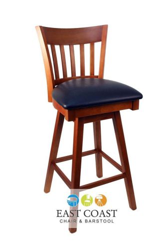 New gladiator cherry vertical back wooden swivel bar stool with black vinyl seat for sale