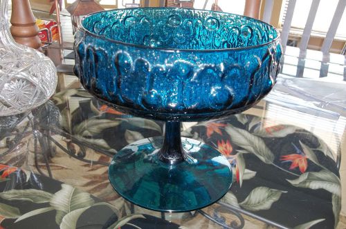 Retro Mid Century Mod  pattern Turquoise Blue glass pedestal  candy Bowl Footed