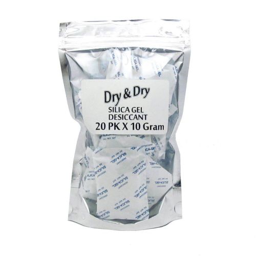 10 gram X 20 PK &#034;Dry &amp; Dry&#034; Silica Gel Desiccant - FDA Compliant Ammo Safe