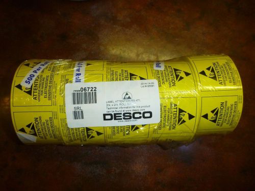 Top quality lot of 5 roll  x 500 attention esd labels 2&#034;x2&#034; desco 06722 mrp:$105 for sale