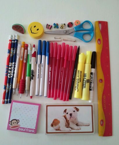 Office supplies lot: pens, pencils, erasers, ruler, scissors, sticky notes- used for sale