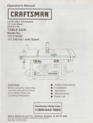 Craftsman 10&#034; table saw owner&#039;s manual for model  #137.248100