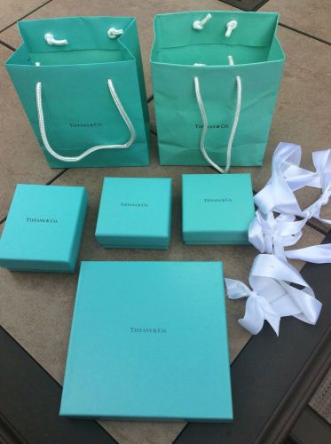 Lot of 4 Tiffany Boxes &amp; 2 Shopping Bags, 3 White Ribbons