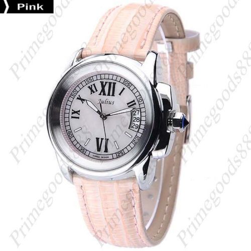 Round PU Leather Date Quartz Wrist Lady Ladies Wristwatch Women&#039;s Pink Silver