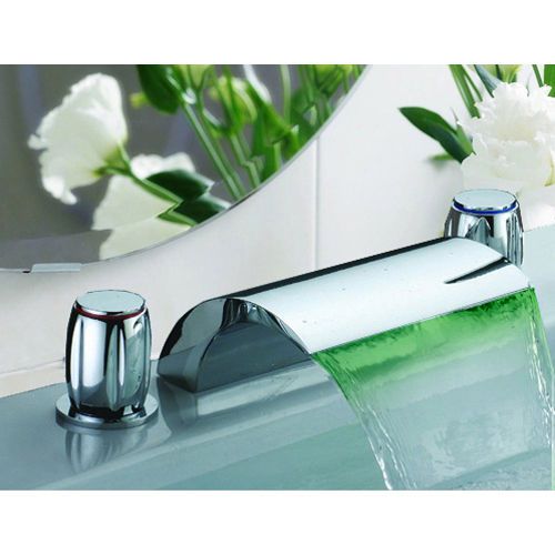 Modern 3 Hole Waterfall LED Widespread Bath Sink Faucet Chrome Tap Free Shipping