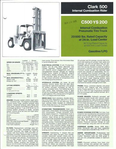 Fork lift truck brochure - clark - c500 ys 200 - 20,000 lbs - c1975 (lt149) for sale