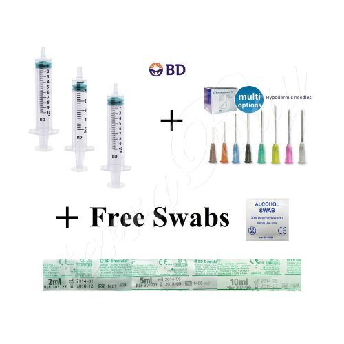 2ml 5ml 10ml BD Emerald Sterile Syringes &amp; Needles &amp; Free Swabs / Packs of 10