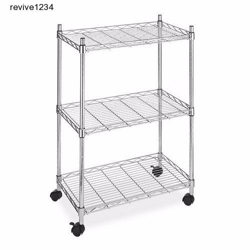 3 Tier Chrome Steel Rolling Cart Kitchen Shelves Home Office Garage Furniture