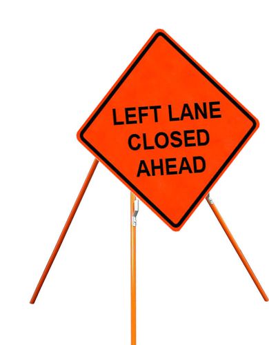 Left Lane Closed Ahead 36&#034; X 36&#034; Vinyl Fluorescent Roll Up Sign And Tripod Stand