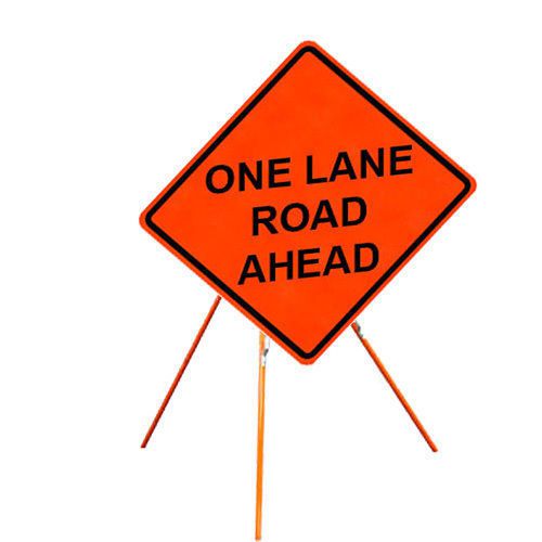 One Lane Road Ahead 36&#034; X 36&#034; Vinyl Fluorescent Roll Up Sign And Tripod Stand