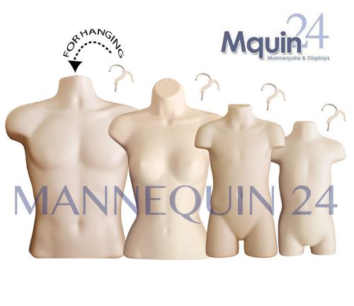 SET OF 4 FLESH MANNEQUINS: MALE, FEMALE, CHILD &amp; TODDLER BODY FORMS + 4 HANGERS