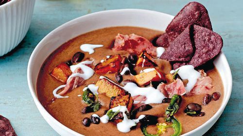 Black and blue corn tortilla soup with bacon and pumpkin recipe