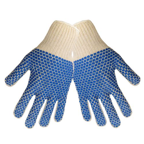 Poly/cotton string knit work gloves~ 2 sides pvc, medium weight, 12/pairs, large for sale