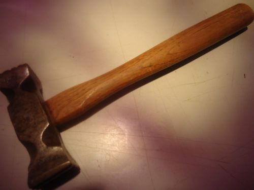 Meat tendering vintage iron with wood handle, square head on both sides____E-152