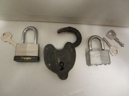TWO MASTER&amp; CHAMPION  LOCKS WITH KEYS AND 1 ANTIQUE HEART SHAPED LOCK