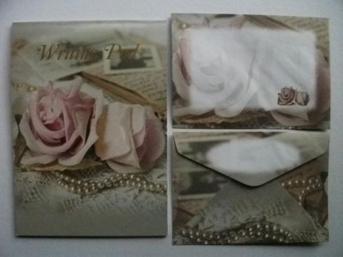 Stationery Set Writing Note Pad Paper New Pink Roses &amp; Pearls 15 Rose Envelopes