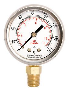 2&#034; Oil Filled Pressure Gauge - SS/Br 1/4&#034; NPT Lower Mount 160PSI