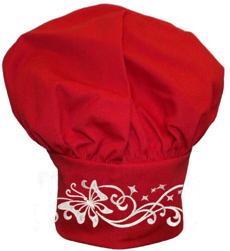 White &amp; Silver Butterfly Stars Filigree Chef Hat Adjust Cook Monogram Red Avail