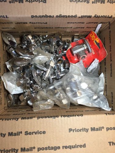 Lot of 38 different size angle valves, turn ball stops, &amp; dual outlet stops. for sale