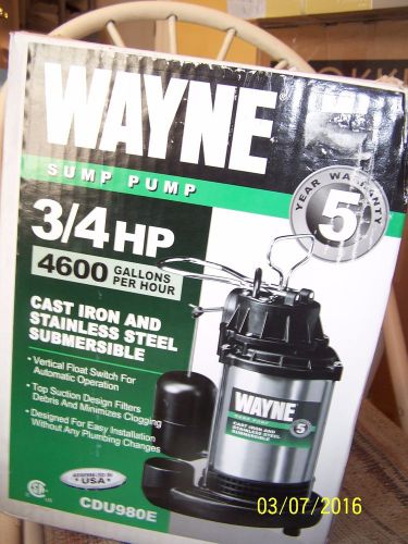 Wayne CDU980E 3/4 HP Stainless Steel Cast Iron Submersibl Sump Pump 4600 GPH NIB