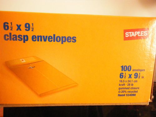 Staples 6-1/2&#034; x 9-1/2&#034; Brown Kraft Clasp Envelopes 100PK Shipping Mailing