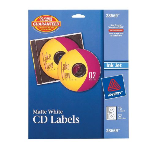 Avery Matte White CD Labels for Inkjet Printers 16 Face Labels &amp; 32 Spine Labels