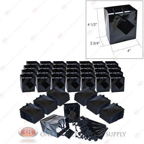 100 Glossy Black Finish Paper Tote Gift Merchandise Bags 4&#034; x 2 3/4&#034; x 4 1/2&#034;H