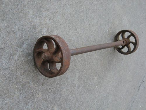 Antique cast iron 5&#034; spiral caster wheels on 23 1/2&#034; axle -early industrial age for sale