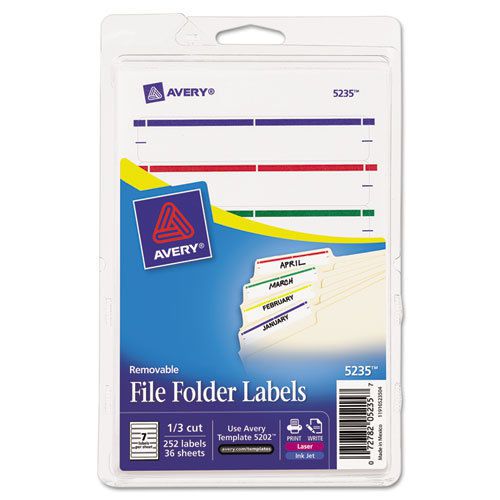 Removable Filing Labels for Inkjet/Laser, 2/3 x 3-7/16, Assorted, 252/Pack