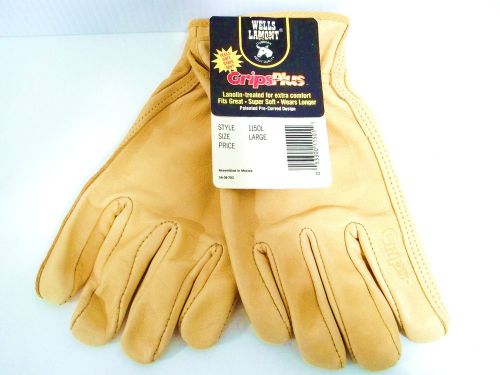Wells Lamont Grips Plus Lanolin Treated Work Gloves, Pre-Curved Design, LARGE