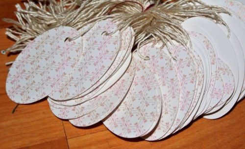 Lot 200 OVAL Romantic PINK Print 1 X 1 5/8  Merchandise Price Tags String STRUNG