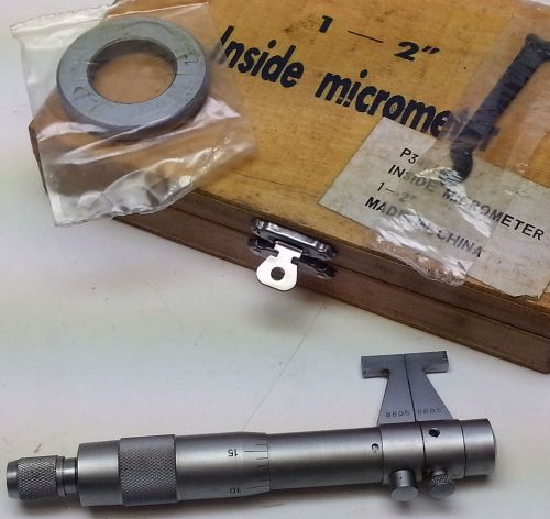 1 to 2 inch inside micrometer w checking ring, adjusting wrench and wood case