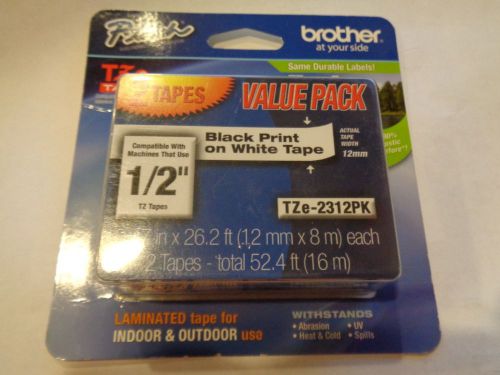 2 Brother P-Touch TZ-231 1/2 width Black Print / White Tapes Two Pack TZe-2312PK