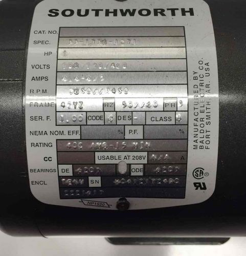 NEW Southworth BALDOR ELECTRIC Motor 1 HP 3450 RPM 208-230/460V AC  NP1520 USA