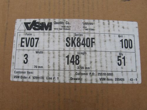 50 - VSM Sandpaper Abrasive Belts - 148 x 3 inch - 100 grit - EV07  SK840F - NIB