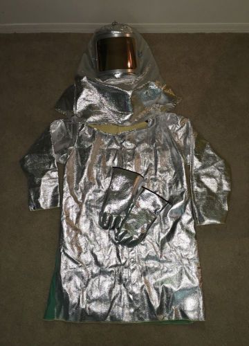 Fire proximity suit hood 45&#034; shirt gloves green silver 1x safety nsa firemen 11k for sale