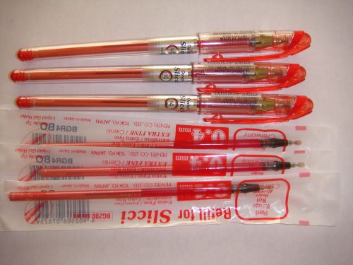 PENTEL SLICCI GEL INK PEN REFILL 0.4mm red ( 3 pens &amp; 3 refills)