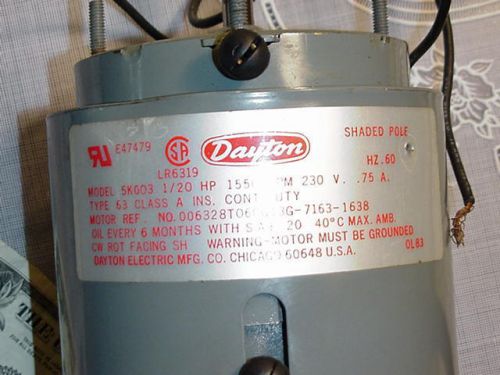 Dayton Mechanical Duty Motor 5K003 1/20 HP, 1550 RPM, 230V, Used