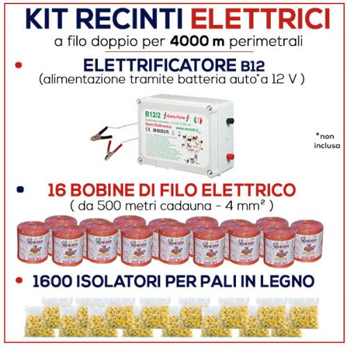 ELECTRIC FENCE COMPLETE KIT for 4000 mt - ENERGIZER B/12 + WIRE + INSULATORS